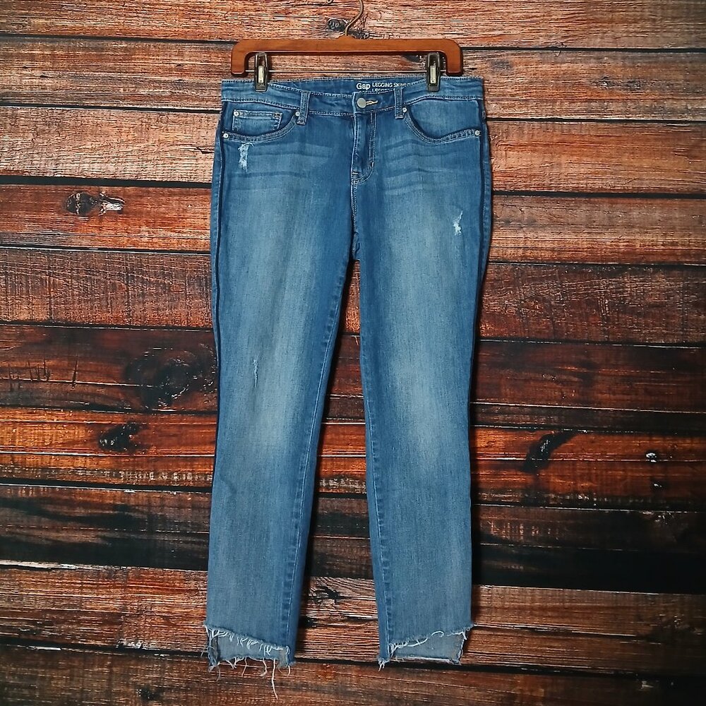 GAP Jeans 29 8 Legging Skimmer Ankle Distressed Shark Bite Raw Hem Striped